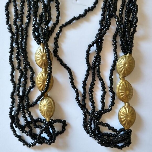 Multi Strand Beaded Necklace LONG 60" Black Seed Beads Brass Colored Stations - Picture 12 of 16
